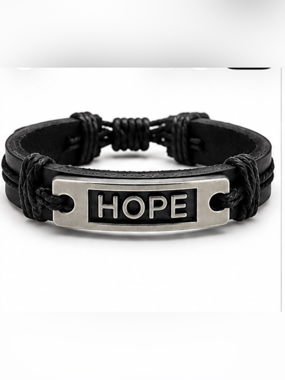 Unisex Black Leather 'HOPE' Bracelet with Silver Plate
